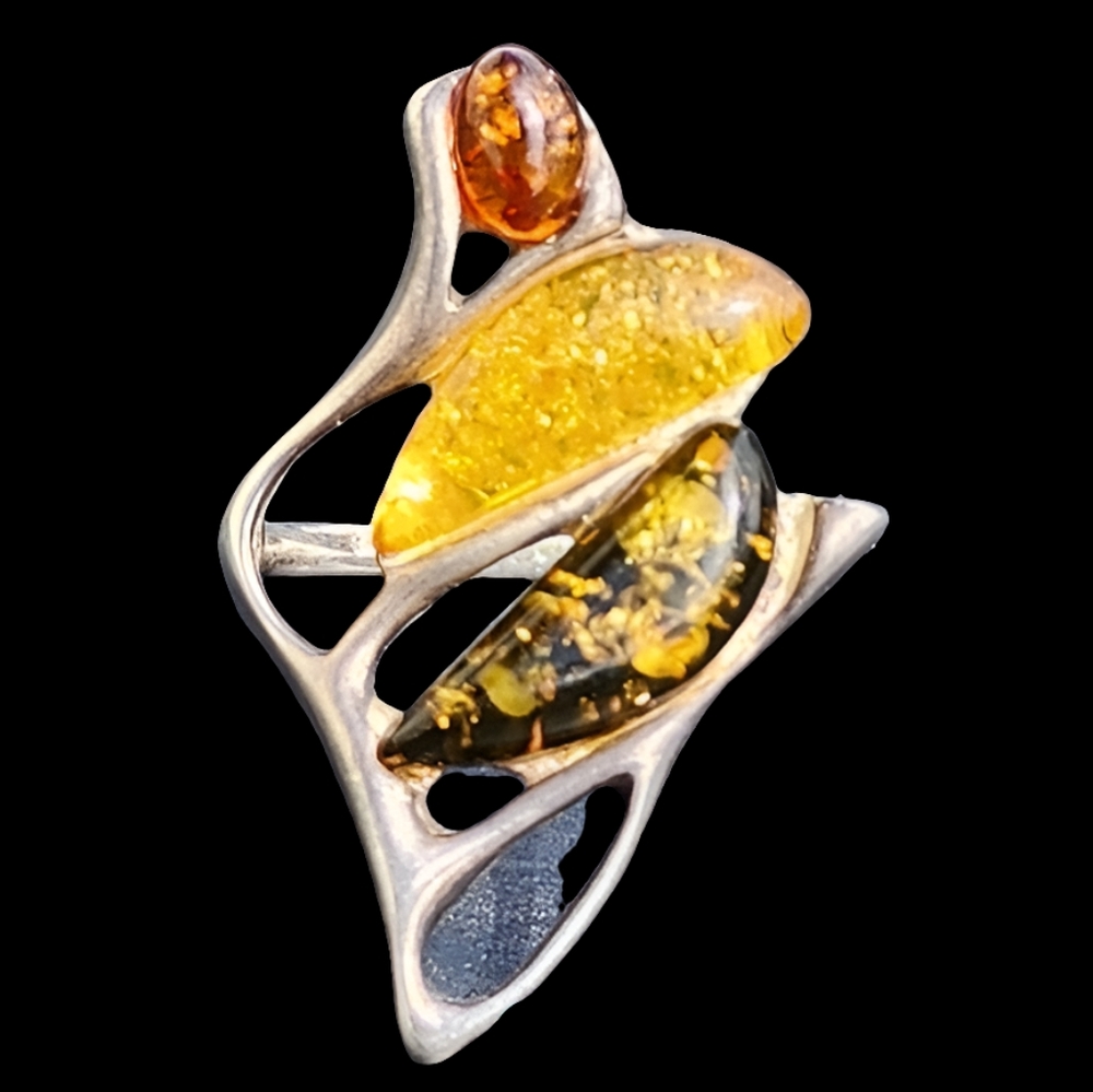 Vintage Sterling Silver Multi Color Baltic Amber Statement Ring 925 SZ 7.25